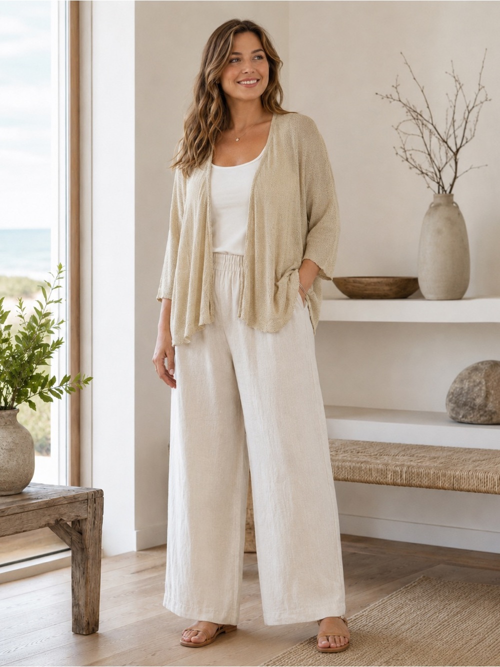 Eileen Fisher XL Beige Linen Blend Open Front Cardigan Italian Yarn - Picture 1 of 9